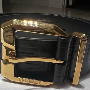 Versace Black Leather Belt with Gold Buckle